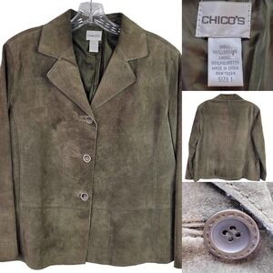 Chico's Leather Jacket Women's 1 US Medium Dark Green Lined Suede Button Front